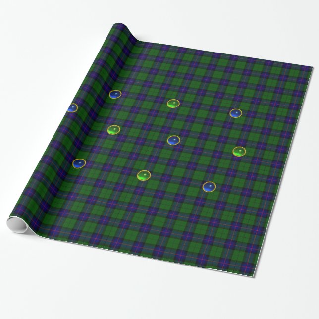 BLUE GREEN SCOTTISH TARTAN ,SAPPHIRE EMERALD GEMS WRAPPING PAPER (Unrolled)