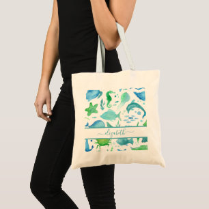Blue green sea ocean fish dolphins name tote bag
