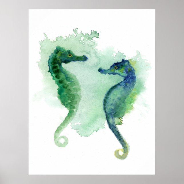 Blue green seahorses white poster seahorse (Front)