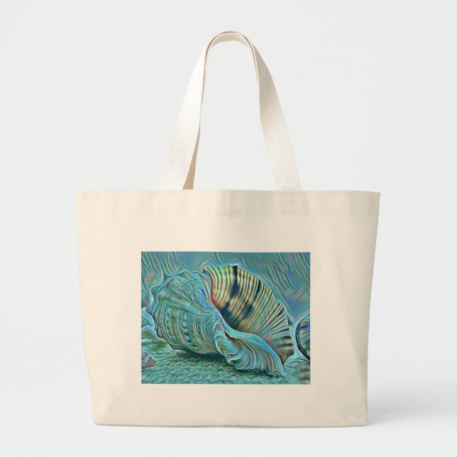 Blue green seashells on the beach painting  large tote bag (Front)