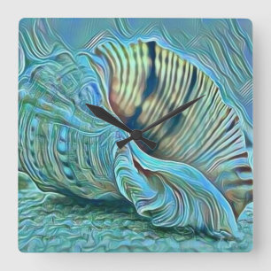 Blue green seashells on the beach painting  square wall clock