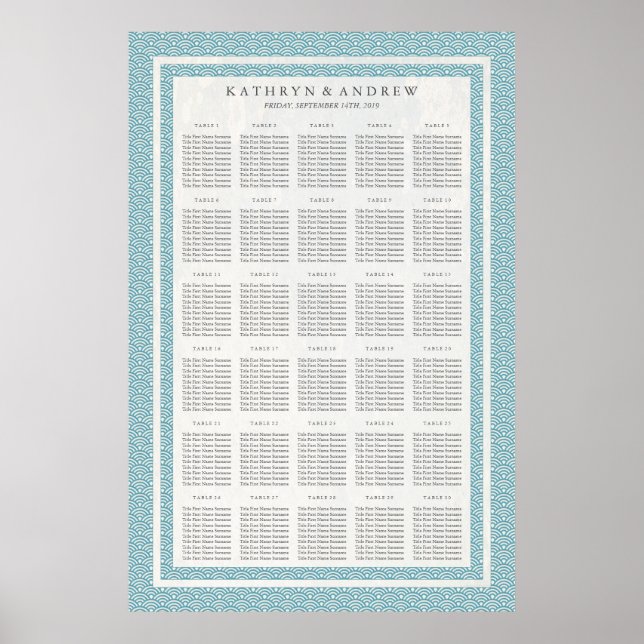 Blue Green Seigaiha Wedding/Event Seating Chart (Front)