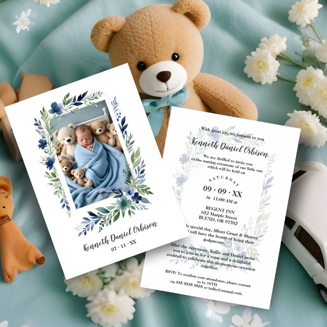 Blue & Green Shades Floral Frame Naming Ceremony Invitation (Blue & Green Shades Floral Frame Effect with Photo Baby Naming Ceremony Invitation Card.)