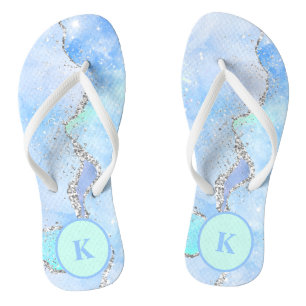 Blue Green Silver Glitter Marble Swirl Monogram Jandals