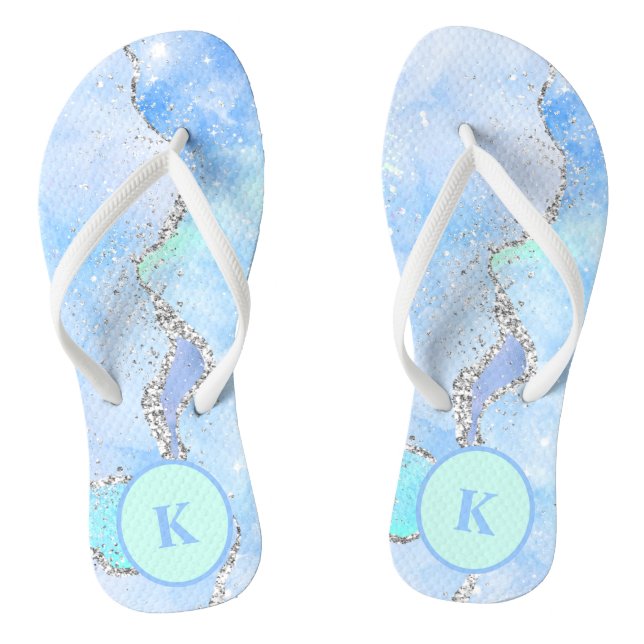 Blue Green Silver Glitter Marble Swirl Monogram Jandals (Footbed)