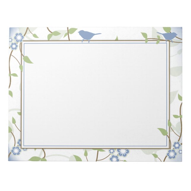 Blue Green Song Birds Floral 8.5"x11" Notepad (Front)
