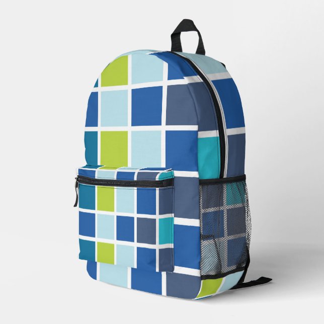 Blue Green Squares Chequered  Printed Backpack (Back Corner Right)
