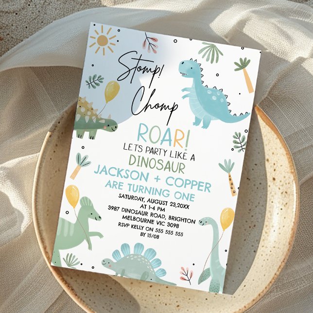 Blue Green Stomp Chomp Twins Dinosaur 1st Birthday Invitation (Twin Boys Stomp Chomp Roar Party Like Dinosaur Birthday Invitation Dino 1st Birthday Invitation Twin)