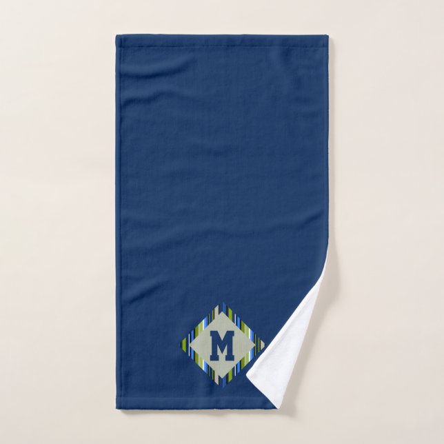 Blue Green Stripe Diamond Monogram Bath Towel Set (Hand Towel)