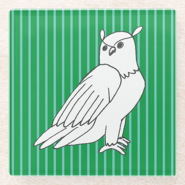 Blue Green Stripes Artistic Owl Glass Coaster (Front)