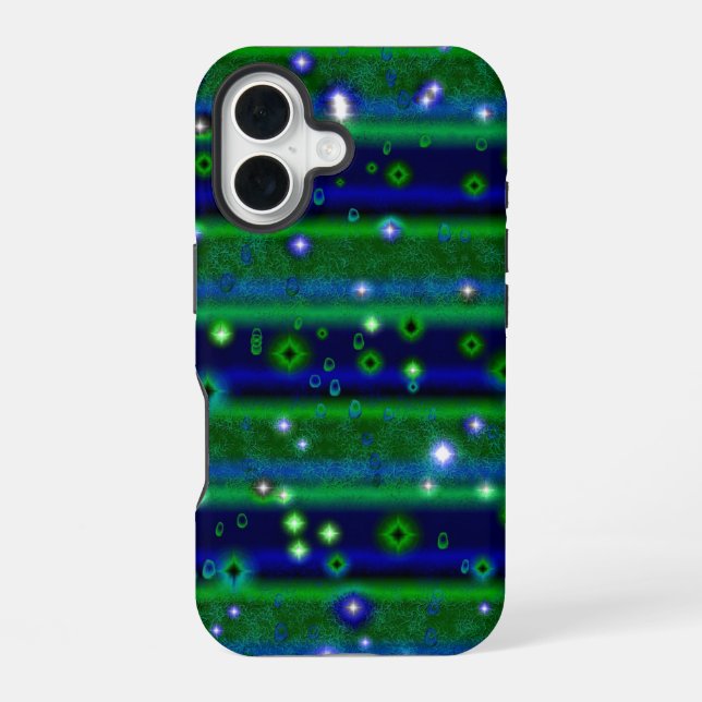 Blue Green Stripes with Stars and Raindrops iPhone 16 Case (Back)