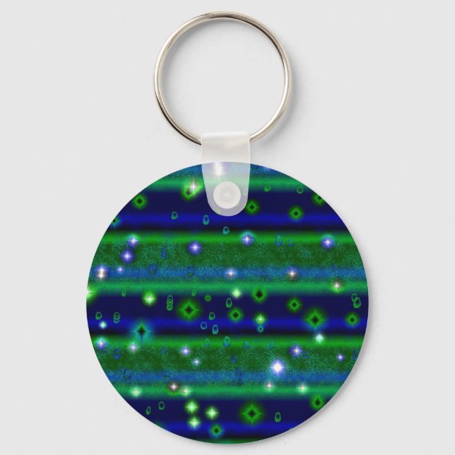 Blue Green Stripes with Stars and Raindrops Key Ring (Front)