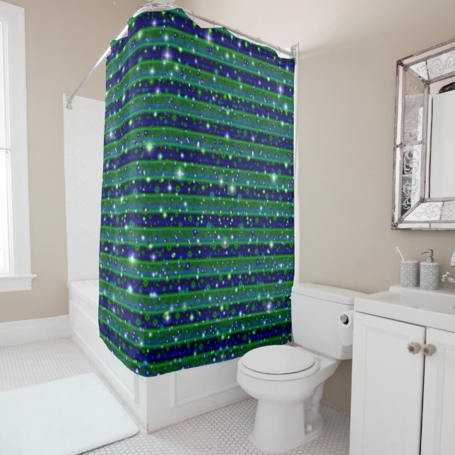 Blue Green Stripes with Stars and Raindrops Shower Curtain (In Situ)