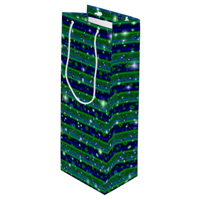 Blue Green Stripes with Stars and Raindrops Wine Gift Bag (Front Angled)