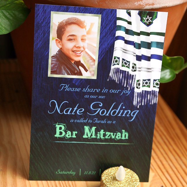 Blue & Green Tallit Bar Mitzvah Invitation (Dark blue and green bar mitzvah invitation with striped tallit with blue green stripes)