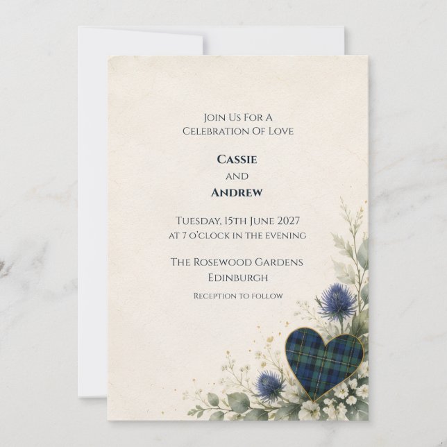 Blue Green Tartan Heart Thistle Wedding Invitation (Front)