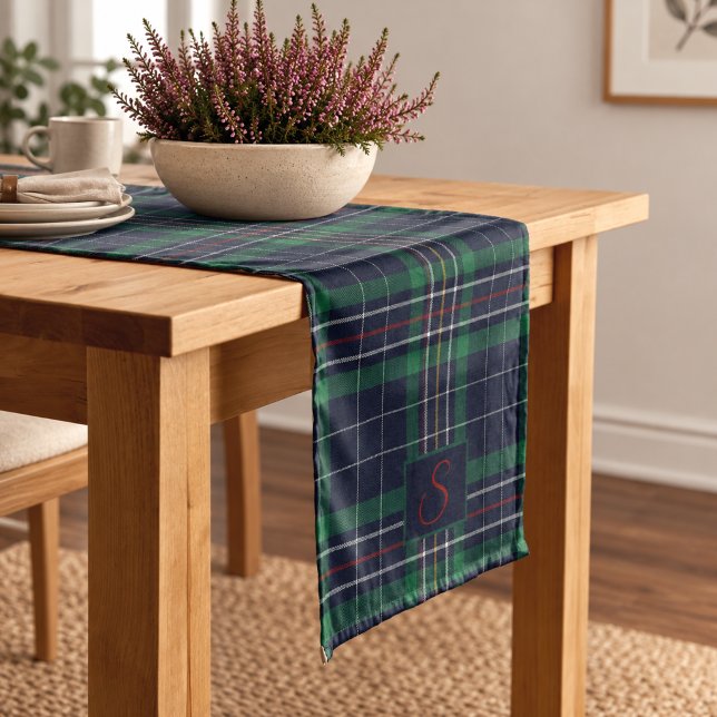 Blue Green Tartan Plaid Monogram Short Table Runner (Creator Uploaded)