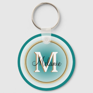Blue Green Teal and Faux Gold Name and Initial Key Ring
