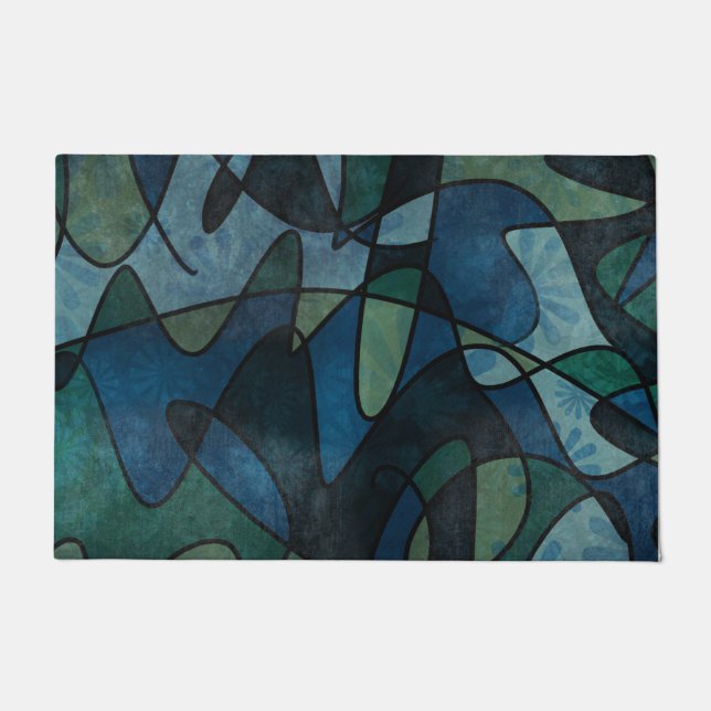 Blue Green Teal Digital Stained Glass Abstract Art Doormat (Front)