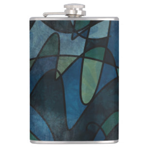Blue Green Teal Digital Stained Glass Abstract Art Hip Flask