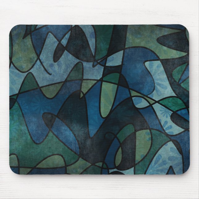 Blue Green Teal Digital Stained Glass Abstract Art Mouse Pad (Front)