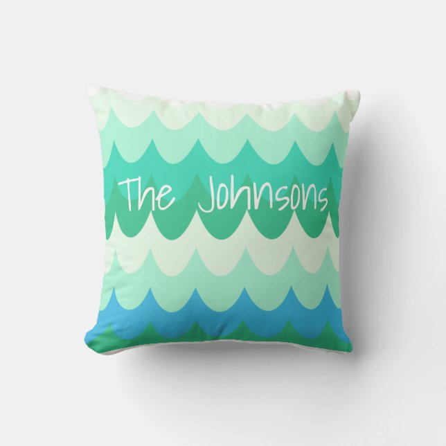 Blue, Green & Teal Geometric Sea Waves Cushion (Front)