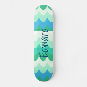 Blue, Green & Teal Geometric Sea Waves   Skateboard