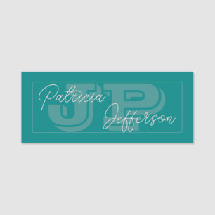 Blue Green Teal Monogram: Handwritten Calligraphy Name Tag