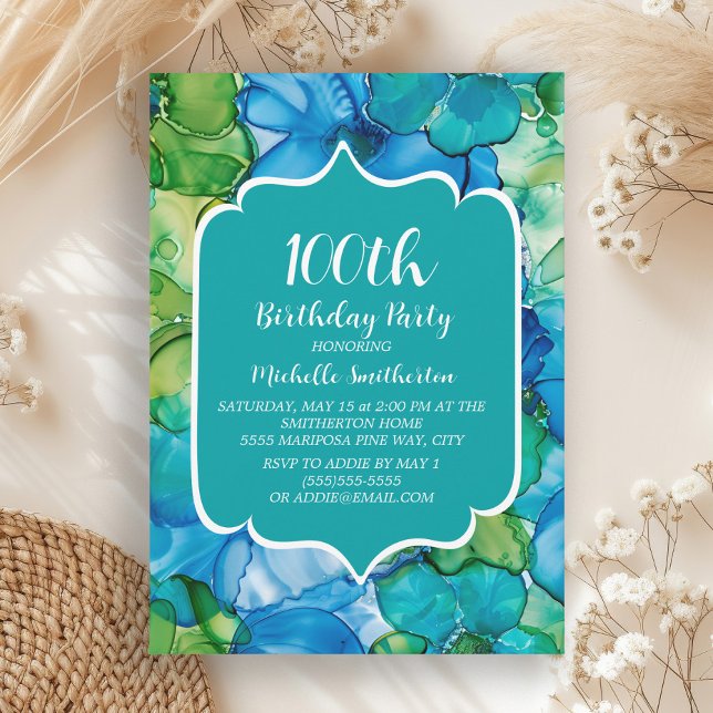 Blue Green Teal Watercolor 100th Birthday Invitation (Blue and green alcohol ink 100th birthday party invitation)