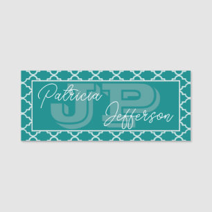 Blue-Green Teal White Moroccan Quatrefoil Monogram Name Tag