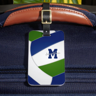 blue green team colours monogrammed volleyball luggage tag