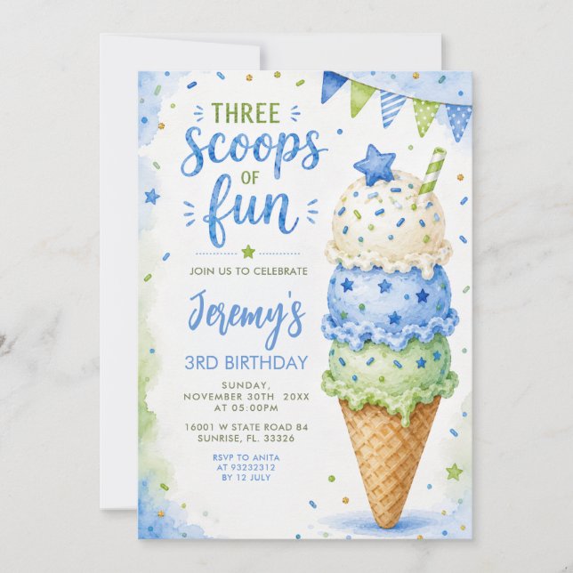  Blue & Green Three Scoops Of Fun 3rd Birthday Invitation (Front)