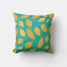 Blue Green Throw Pillow with Gold Leaves