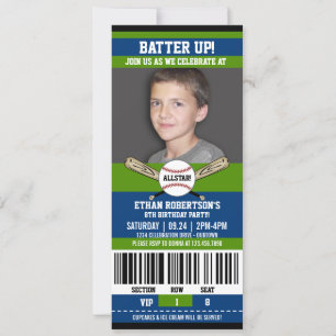 Blue Green Ticket Style Baseball Birthday Party Invitation