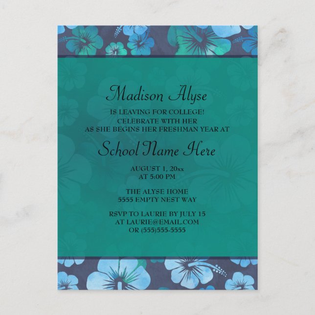 Blue Green Tropical Floral Trunk Party College Invitation Postcard (Front)