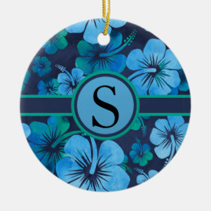 Blue Green Tropical Hibiscus Floral Monogram Ceramic Tree Decoration