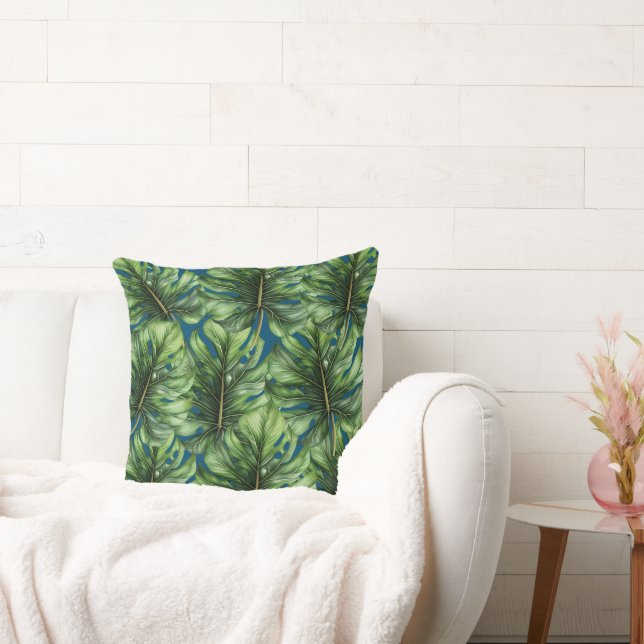 Blue Green Tropical Leaves Cushion (Couch)