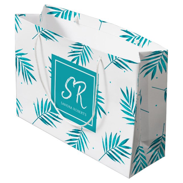 Blue-green tropical leaves pattern large gift bag (Back Angled)