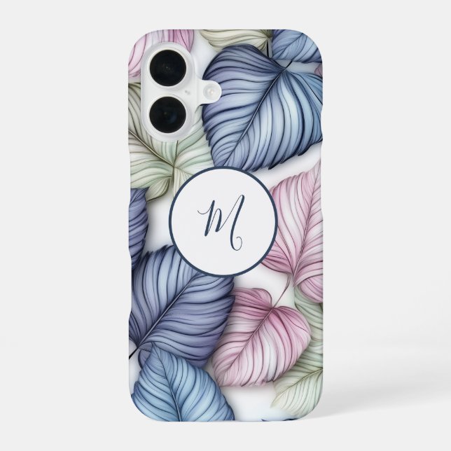 Blue Green Tropical Leaves Pattern Monogram iPhone 16 Case (Back)