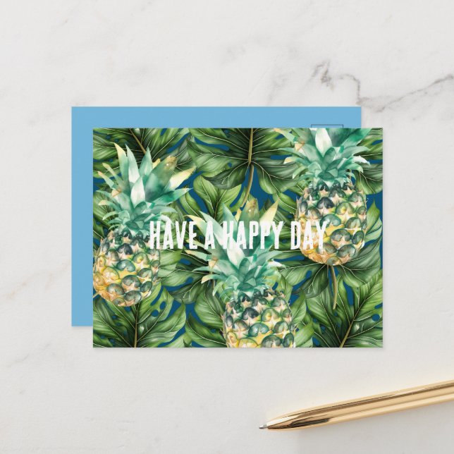 Blue Green Tropical Leaves Pineapples Postcard (Front/Back In Situ)