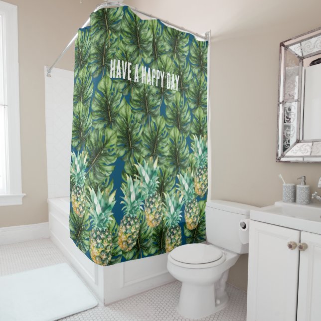 Blue Green Tropical Leaves Pineapples Shower Curtain (In Situ)