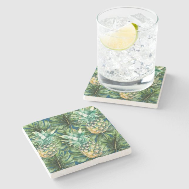 Blue Green Tropical Leaves Pineapples Stone Coaster (Side)