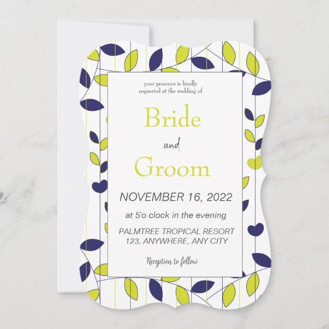 Blue Green Tropical Leaves Wedding Invitation (Front)