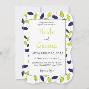Blue Green Tropical Leaves Wedding Invitation