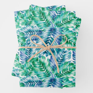 Blue Green Tropical Leaves Wrapping Paper Sheets