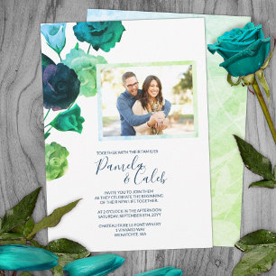 Blue, Green, Turquoise Botanical Roses Wedding Invitation