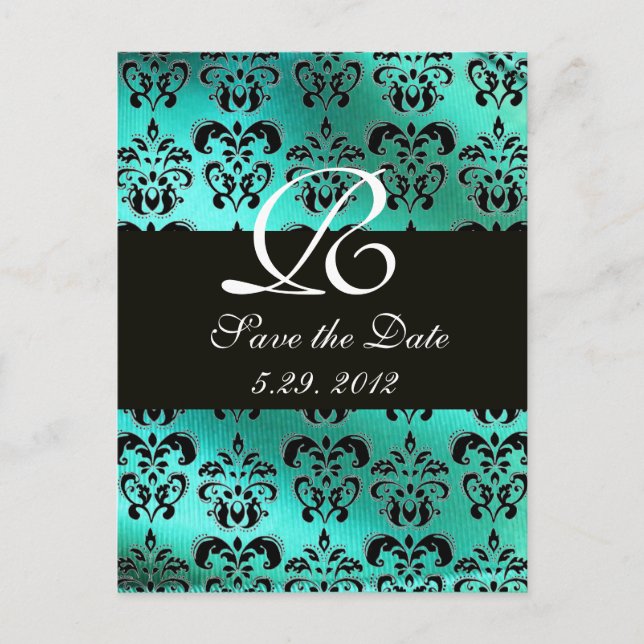 BLUE GREEN TURQUOISE DAMASK CLOTH,WHITE MONOGRAM ANNOUNCEMENT POSTCARD (Front)