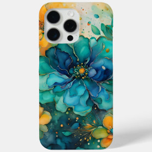 Blue green turquoise gold orange abstract flowers iPhone 15 pro max case