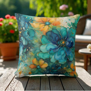 Blue green turquoise gold orange abstract flowers cushion