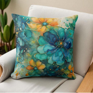 Blue green turquoise gold orange abstract flowers cushion